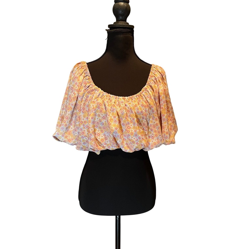 Zara Womens Floral Bubble Hem Crop Top Yellow Pink Daisy Retro Puff Sleeve Large